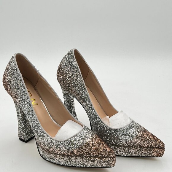 YDN Silver Champagne Glitter Platform Pointed Toe Pumps Special High Heel Shoe - Picture 4 of 8